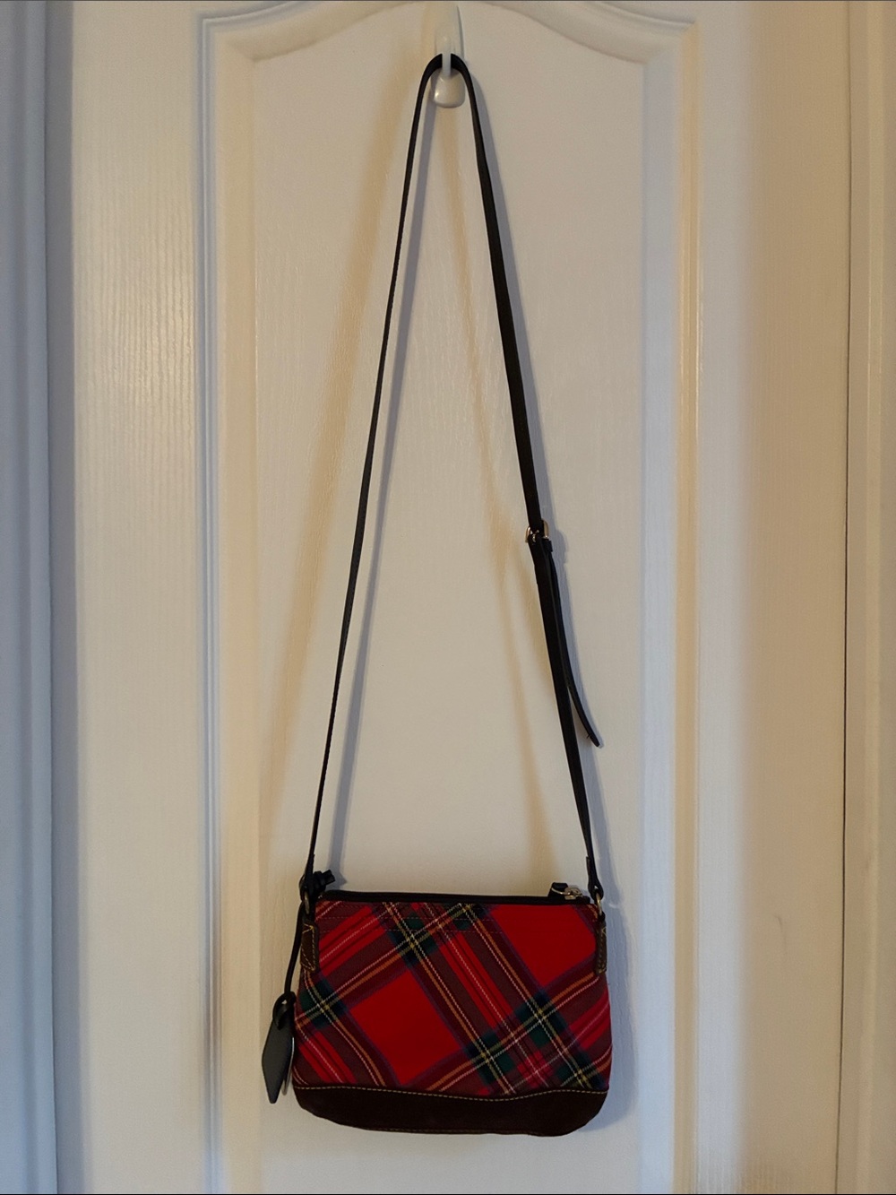 Dooney & Bourke Red Plaid Tartan Crossbody Bag Black Trim brown suede - Picture 4 of 11